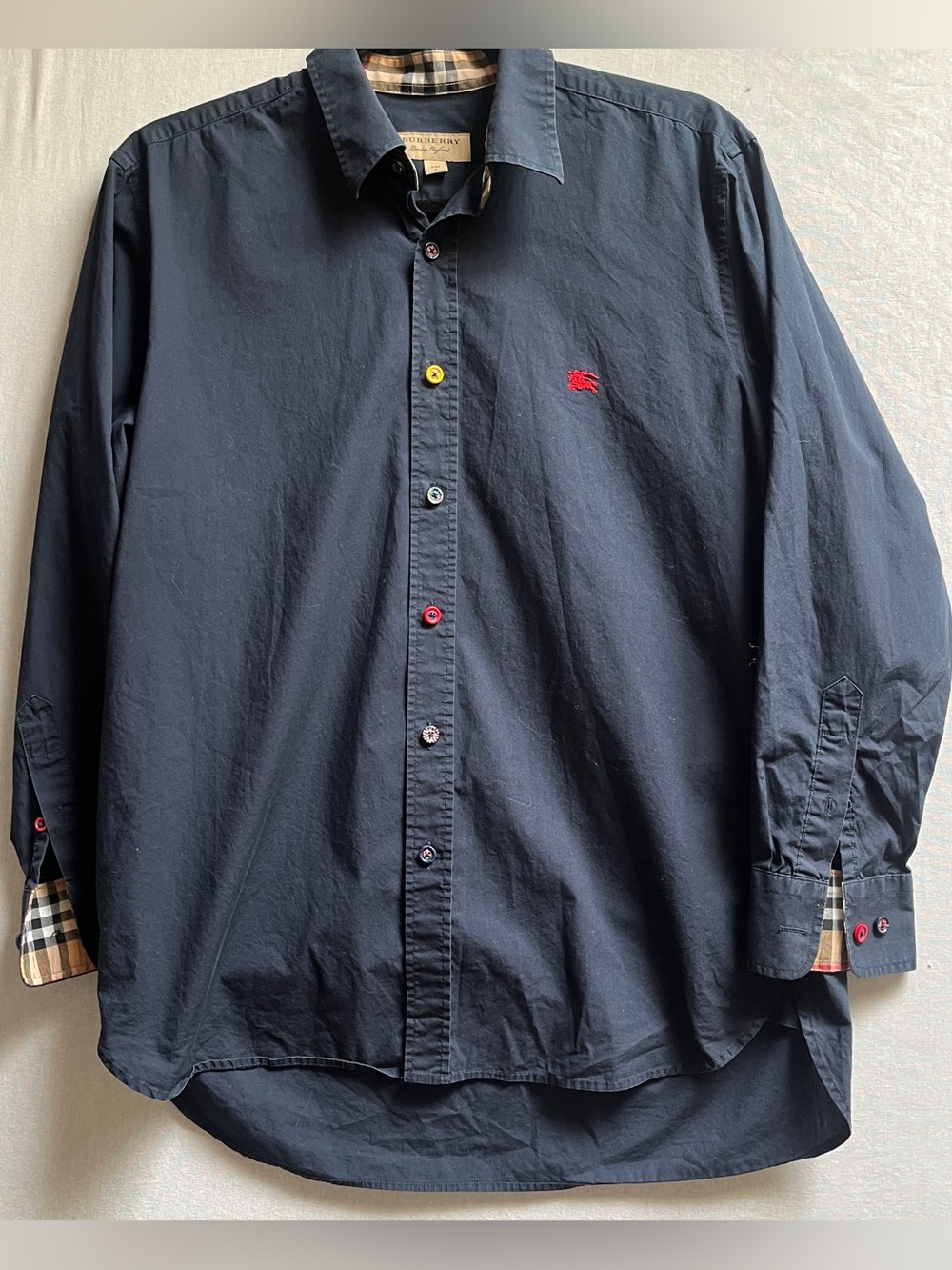 Burberry London Cotton Navy Plaid Trim Button Down Shirt 3/4 Sleeve M